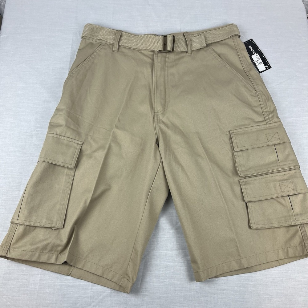 NWT Wicked Stitch Cargo Khaki Belted Men's Shorts Size 34 (MSRP $36.50) Pockets